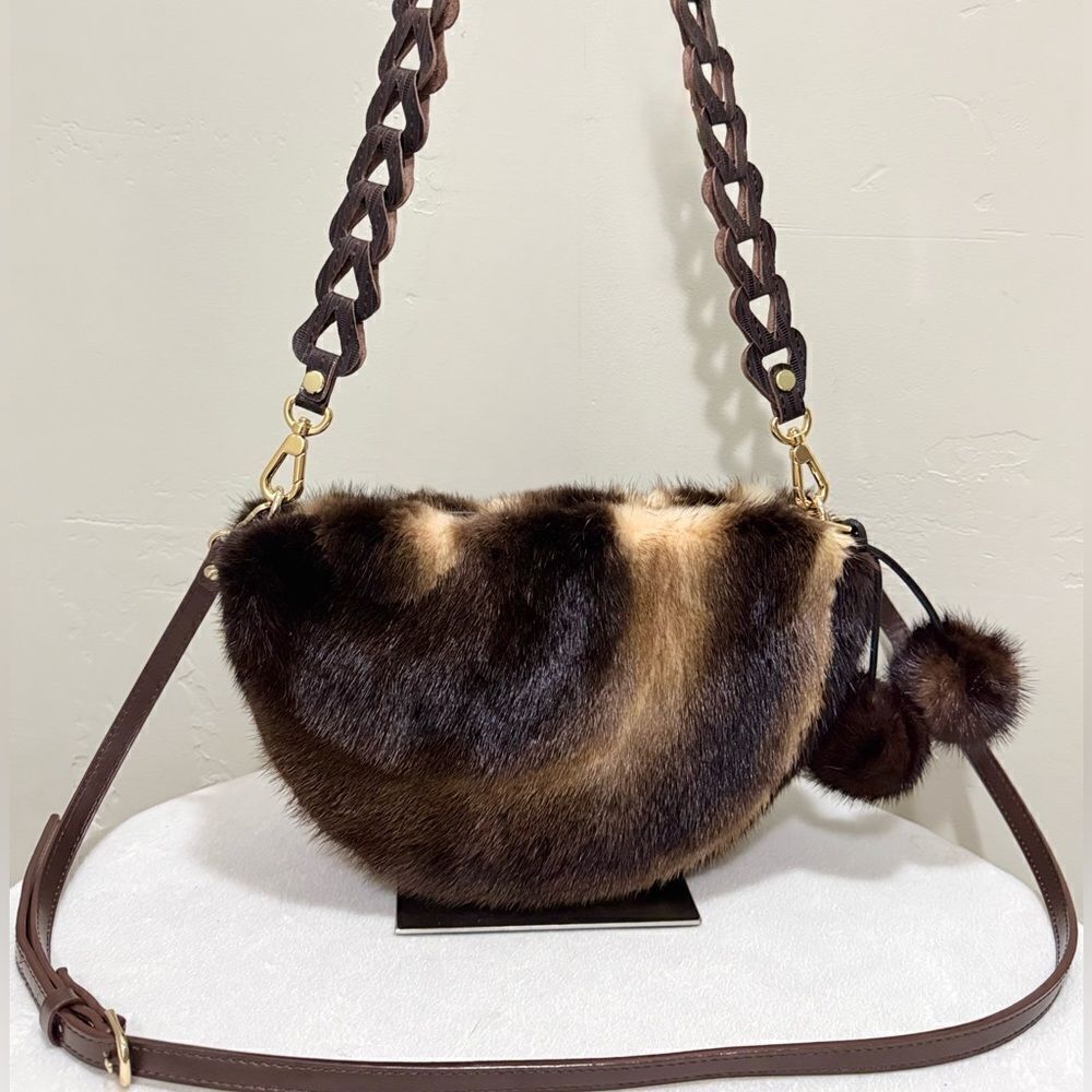 Unique Genuine Mink Fur Handmade Half-moon Shoulder Bag/Crossbody & Fur Charm